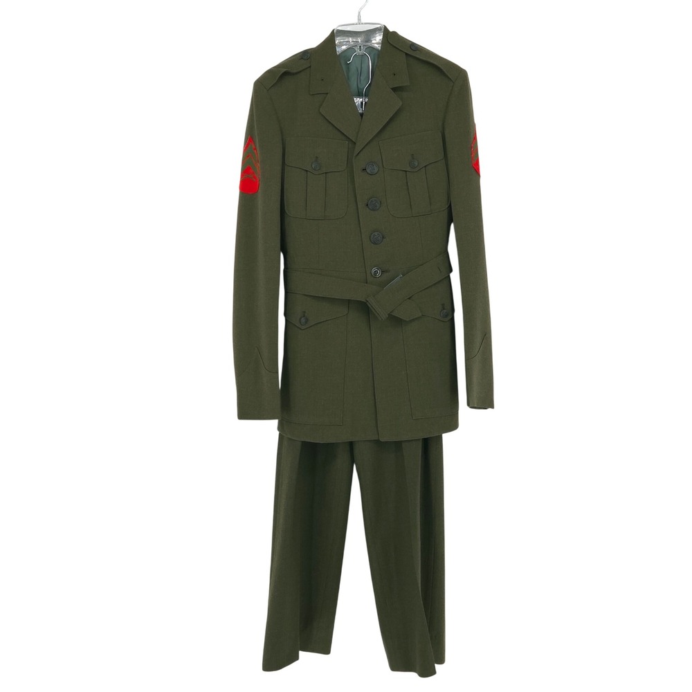 Vintage US Marine Corps 1970s Uniform Set Belted Coat & Pants Green Wool